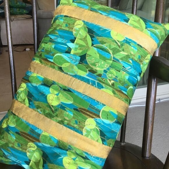 CLOSEOUT SALE $15 NWT  Quilted Teal & Gold 3 Stripe Pillow - Picture 2 of 8